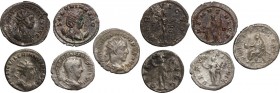 The Roman Empire. Multiple lot of five (5) AR coins: AR Denarius of Gordian III and four (4) AR/BI Antoninianii: Philip I, Valerian, Salonina and Nume...