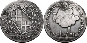 Bologna. Governo Popolare (1796-1797). Mezzo scudo 1797. CNI 57 e tav. XXV, 3; Pag. 40d; Mont. 64. AG. 14.14 g. 34.00 mm. Bel BB.