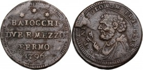 Fermo. Pio VI (1775-1799), Giovanni Angelo Braschi. Sampietrino da due baiocchi e mezzo 1796. CNI 1; M. 322. ; Berm. 3094. AE. 16.64 g. 31.00 mm. BB+.