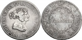 Lucca e Piombino. Elisa Bonaparte e Felice Baciocchi (1805-1814). 5 Franchi 1805. CNI 1/4; MIR (Toscana, zecche) 244. AG. 37.50 mm. BB.