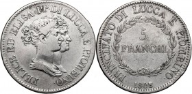 Lucca e Piombino. Elisa Bonaparte e Felice Baciocchi (1805-1814). 5 Franchi 1808. CNI 12/15; MIR (Toscana, zecche) 244/4. AG. 38.00 mm. R. 8 ribattuto...