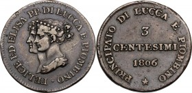 Lucca e Piombino. Elisa Bonaparte e Felice Baciocchi (1805-1814). Da 3 Centesimi 1806. CNI 9; MIR (Toscana, zecche) 247. AE. 23.80 mm. NC. qBB.