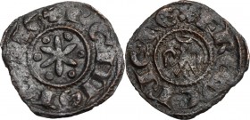 Messina o Brindisi. Federico II di Svevia (1197-1250). Denaro, 1198-1208. Sp. 90; Travaini 1993, 11; D'Andrea 91. MI. 0.76 g. 15.80 mm. R. BB+.