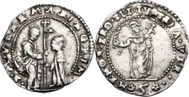 Venezia. Marino Grimani (1595-1605). Trentaduesimo di Giustina maggiore da 5 soldi. Paol. 161; Paol. 9. AG. 1.05 g. 19.70 mm. RR. Foro abilmente ottur...