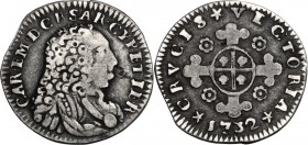 Carlo Emanuele III (1730-1773). Monetazione per la Sardegna. 1/2 Reale vecchio 1732, Torino. Mont. 108; MIR (Savoia) 963. AG. 1.19 g. 16.00 mm. RR. qB...
