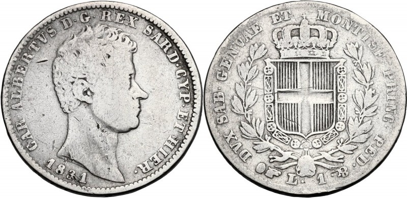 Carlo Alberto (1831-1849). Lira 1831 Torino. Pag. 291; Mont. 165. AG. 23.00 mm. ...