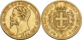 Vittorio Emanuele II (1849-1861). 20 lire 1858 Genova. Pag. 352; Mont. 21. AU. 21.00 mm. BB+/qSPL.