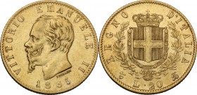 Vittorio Emanuele II (1861-1878). 20 Lire 1865 Torino. Pag. 459; Mont. 135; Fried. 11. AU. 21.00 mm. Bel BB.