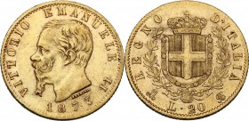 Vittorio Emanuele II (1861-1878). 20 Lire 1863 Milano. Pag. 468; Mont. 144; Fried. 13. AU. 21.00 mm. BB/BB+.