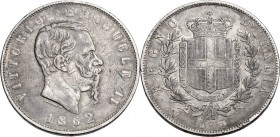 Vittorio Emanuele II (1861-1878). 5 Lire 1862 Napoli. Pag. 483; Mont. 165. AG. 37.00 mm. R. Segnetti. BB.
