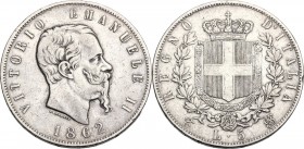 Vittorio Emanuele II (1861-1878). 5 Lire 1862 Torino. Pag. 484; Mont. 164. AG. 37.00 mm. RR. BB.