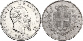 Vittorio Emanuele II (1861-1878). 5 Lire 1870 Roma. Pag. 491; Mont. 173. AG. 37.00 mm. R. Patina iridescente al rovescio. BB+/qSPL.