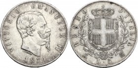 Vittorio Emanuele II (1861-1878). 5 lire 1871 Milano. Pag. 492; Mont. 175. AG. 37.00 mm. Piacevole patina riposata. BB+.