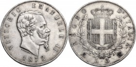 Vittorio Emanuele II (1861-1878). 5 Lire 1872 Milano. Pag. 494; Mont. 177. AG. 37.00 mm. Bel BB.