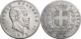 Vittorio Emanuele II (1861-1878). 5 Lire 1872 Roma. Pag. 495; Mont. 179. AG. 37.00 mm. RR. BB.