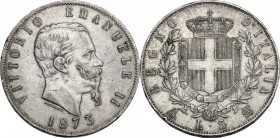 Vittorio Emanuele II (1861-1878). 5 lire 1873 Milano. Pag. 496; Mont. 180. AG. 37.00 mm. Patina riposata BB.