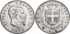 Vittorio Emanuele II (1861-1878). 5 Lire 1873 Milano. Pag. 496; Mont. 180. AG. 37.00 mm. qSPL.