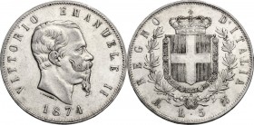 Vittorio Emanuele II (1861-1878). 5 Lire 1874 Milano. Pag. 498; Mont. 182. AG. 37.00 mm. BB+.