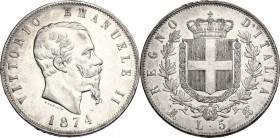 Vittorio Emanuele II (1861-1878). 5 lire 1874 Milano. Pag. 498; Mont. 182. AG. 37.00 mm. Metallo lucente con principio di patina. Segnetti, altrimenti...