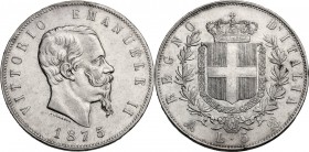 Vittorio Emanuele II (1861-1878). 5 Lire 1875 Milano. Pag. 499; Mont. 184. AG. 37.00 mm. Bel BB.