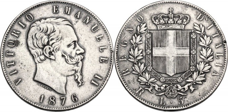 Vittorio Emanuele II (1861-1878). 5 lire 1876 Roma. Pag. 501; Mont. 188. AG. 37....