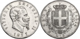 Vittorio Emanuele II (1861-1878). 5 Lire 1877 Roma. Pag. 502; Mont. 189. AG. 37.00 mm. Colpetto al ciglio. qSPL.