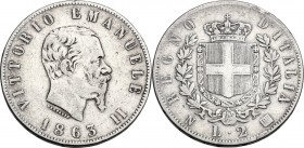 Vittorio Emanuele II (1861-1878). 2 Lire 1863 Napoli. Pag. 506; Mont. 196. AG. 27.00 mm. qBB/BB.