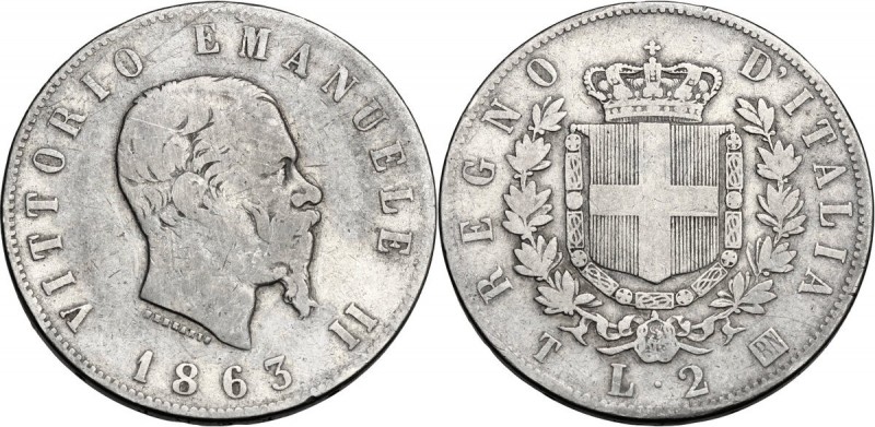 Vittorio Emanuele II (1861-1878). 2 Lire 1863 Torino. Pag. 507; Mont. 195. AG. 2...