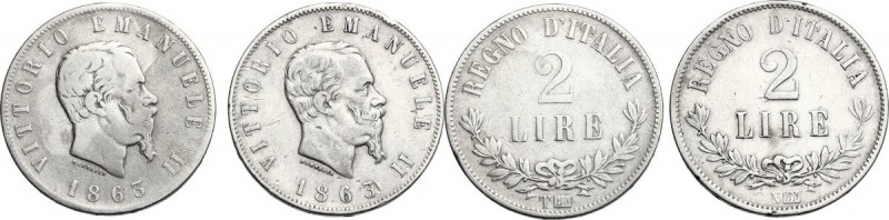 Vittorio Emanuele II (1861-1878). Lotto di due monete da 2 Lire 1863 Napoli e To...