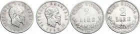 Vittorio Emanuele II (1861-1878). Lotto di due monete da 2 Lire 1863 Napoli e Torino. Pag. 508 e 509; Mont. 198 e 197. AG. 27.00 mm. R.