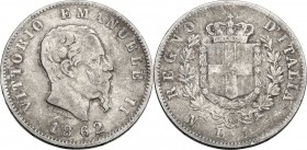 Vittorio Emanuele II (1861-1878). Lira 1862 Napoli. Pag. 512; Mont. 202. AG. 23.00 mm. R. qBB/BB.