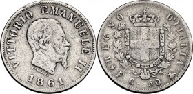 Vittorio Emanuele II (1861-1878). 50 Centesimi 1861 Firenze. Pag. 520; Mont. 211. AG. 18.00 mm. MB+/qBB.