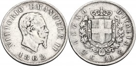 Vittorio Emanuele II (1861-1878). 50 Centesimi 1862 Torino. Pag. 524; Mont. 212. AG. 18.00 mm. RR. BB.