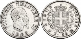 Vittorio Emanuele II (1861-1878). 50 Centesimi 1863 Milano. Pag. 525; Mont. 215. AG. 18.00 mm. BB/BB+.