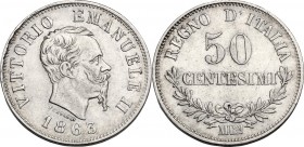 Vittorio Emanuele II (1861-1878). 50 Centesimi 1863 Milano. Pag. 527; Mont. 217. AG. 18.00 mm. Bel BB.