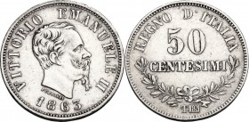 Vittorio Emanuele II (1861-1878). 50 Centesimi 1863 Torino. Pag. 529; Mont. 216. AG. 18.00 mm. qSPL.