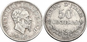 Vittorio Emanuele II (1861-1878). 50 Centesimi 1866 Milano. Pag. 530; Mont. 219. AG. 18.00 mm. R. BB+.