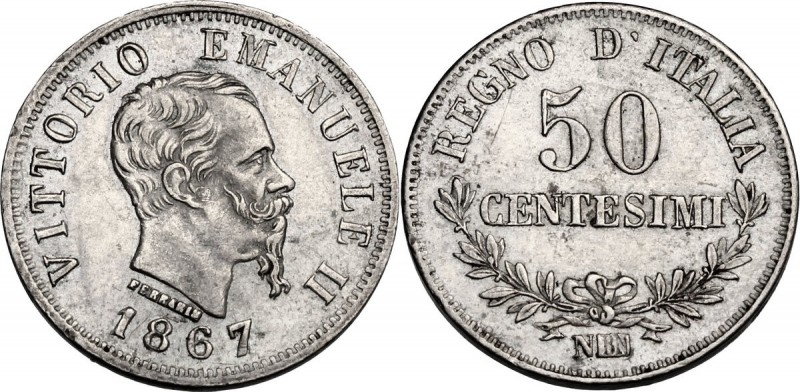 Vittorio Emanuele II (1861-1878). 50 Centesimi 1867 Napoli. Pag. 532; Mont. 222....
