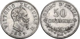 Vittorio Emanuele II (1861-1878). 50 Centesimi 1867 Napoli. Pag. 532; Mont. 222. AG. 18.00 mm. qSPL/Bel BB.