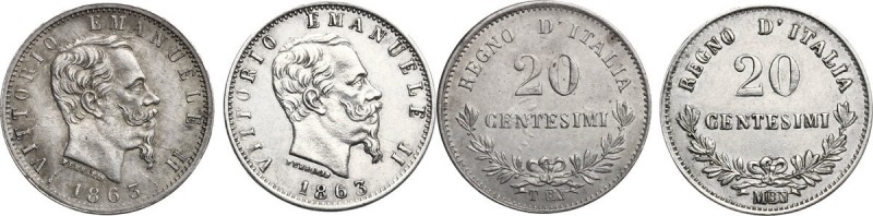 Vittorio Emanuele II (1861-1878). Lotto di due monete da 20 Centesimi 1863 Milan...