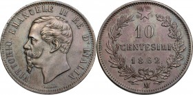 Vittorio Emanuele II (1861-1878). 10 Centesimi 1862 Milano. Pag. 538; Mont. 229. CU. 30.00 mm. NC. SPL.