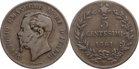 Vittorio Emanuele II (1861-1878). 5 Centesimi 1861 Bologna. Pag. 551; Mont. 247. CU. 25.00 mm. RR. MB/BB.
