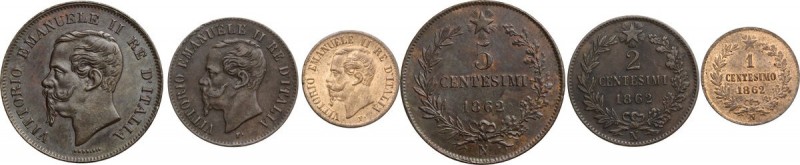 Vittorio Emanuele II (1861-1878). Lotto di tre monete da 5, 2 e 1 Centesimi 1862...