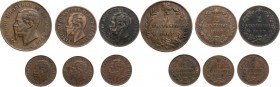 Vittorio Emanuele II (1861-1878). Lotto di sei (6) monete da 5 Centesimi 1867 Napoli, 2 Centesimi 1867 Milano (2), Centesimo 1867 MIlano (3). CU.