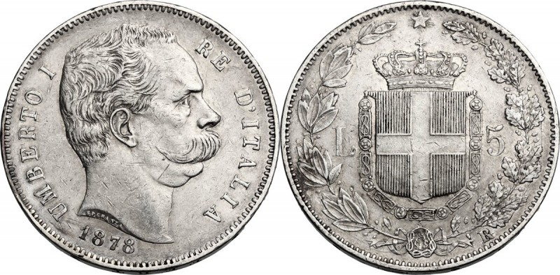 Umberto I (1878-1900). 5 Lire 1878. Pag. 589; Mont. 32. AG. 37.00 mm. RR. Segnet...