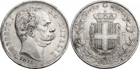 Umberto I (1878-1900). 5 Lire 1878. Pag. 589; Mont. 32. AG. 37.00 mm. RR. Segnetti BB+.