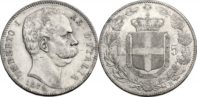 Umberto I (1878-1900). 5 Lire 1879. Pag. 590; Mont. 33. AG. 37.00 mm. Colpetto a...