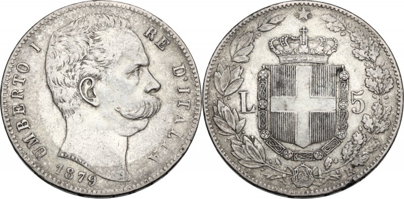 Umberto I (1878-1900). 5 lire 1879. Pag. 590; Mont. 33. AG. 37.00 mm. BB/BB+.