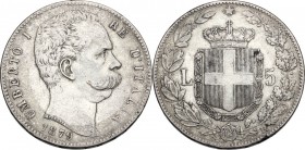 Umberto I (1878-1900). 5 lire 1879. Pag. 590; Mont. 33. AG. 37.00 mm. BB/BB+.