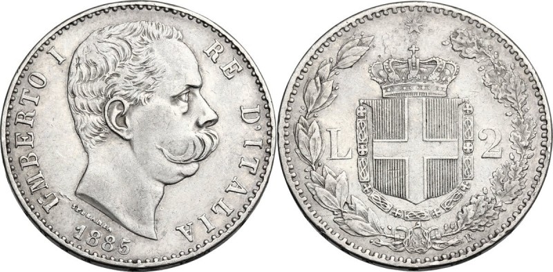 Umberto I (1878-1900). 2 Lire 1885. Pag. 595; Mont. 40. AG. 27.00 mm. RR. BB+.